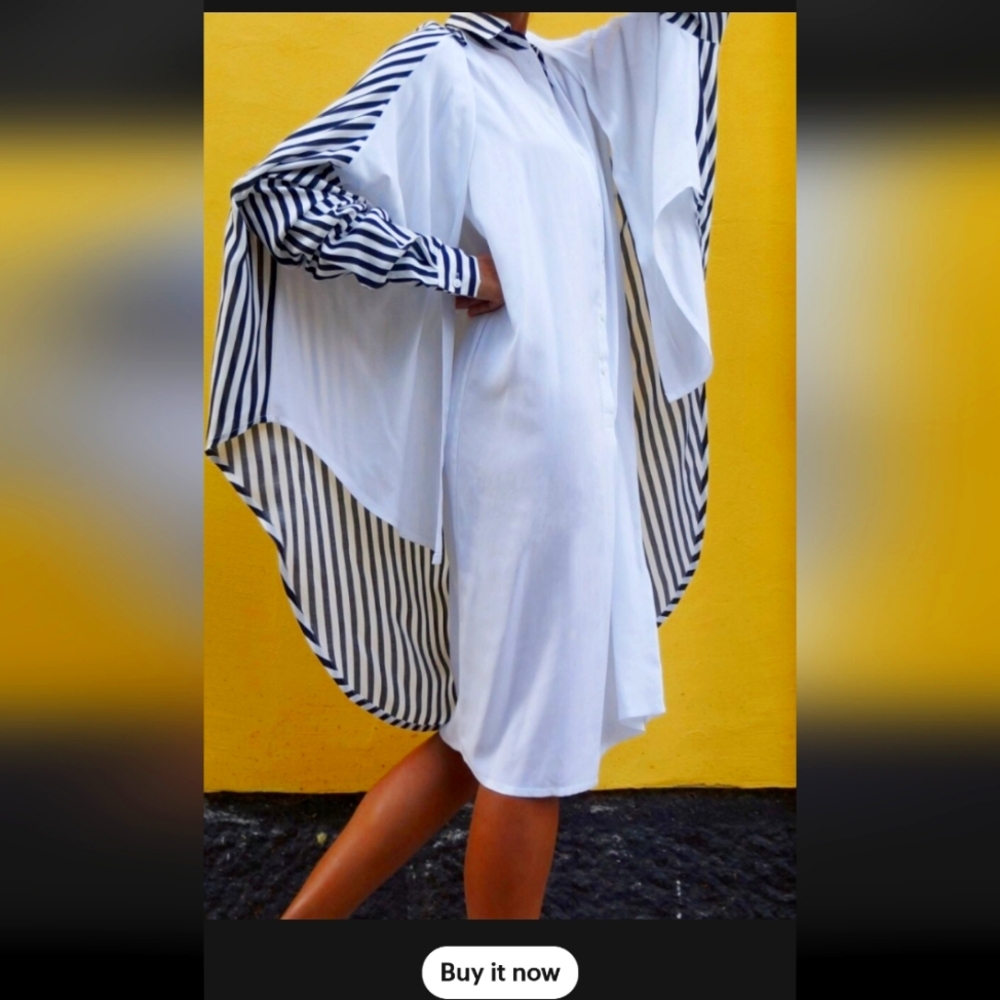 Akasha bulgaria handmade White viscose linen maxi shirt dress white striped xxl